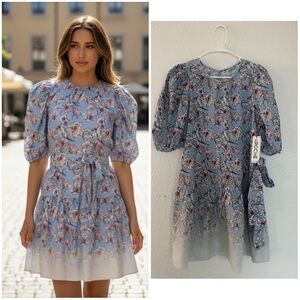 NWT St. Roche Ciel Organic Cotton Floral Print Puff
Sleeve Mini Dress in Blue 6